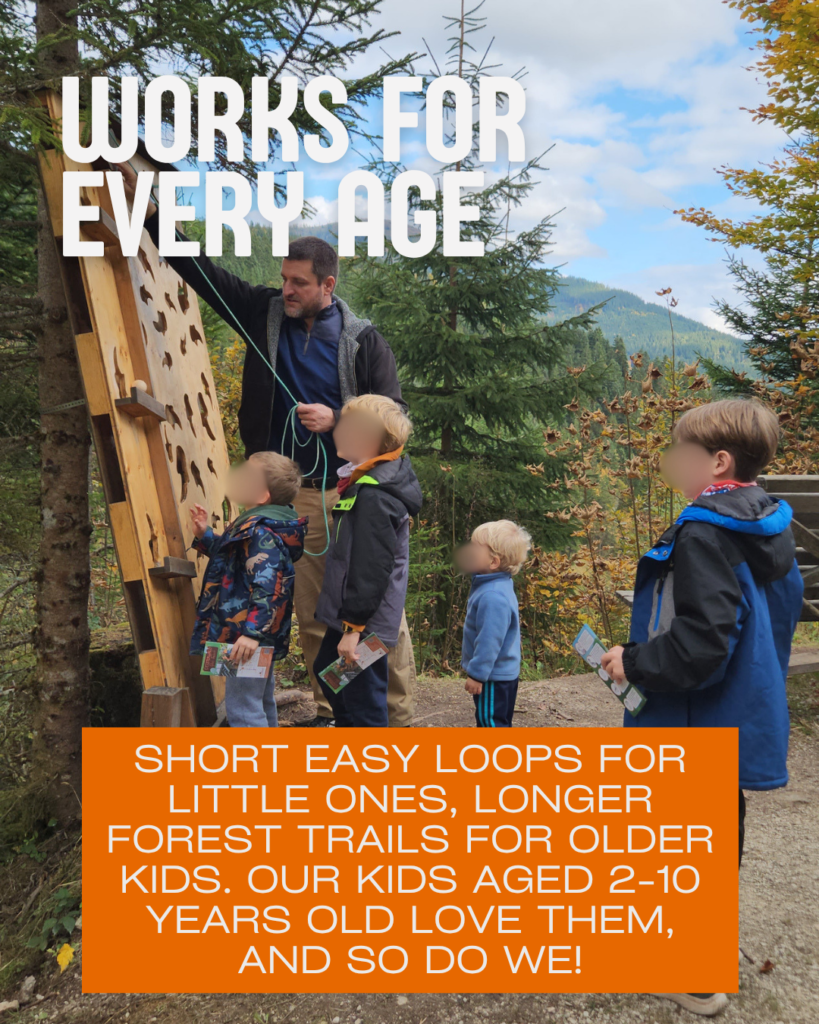 Works for Every Age: Short easy loops for little ones, longer forest trails for older kids. Our kids aged 2-10 years old love them, and so do we! Photo of father with four kids looking at a plinko style kugelbahn challenge along a trail.