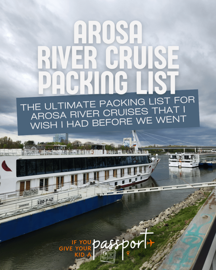 Arosa river cruise packing list. The ultimate packing list for Arosa river cruises that I wish I had before we went. Picture of Arosa Donna ship on the Danube river docked in Bratislava Slovakia.