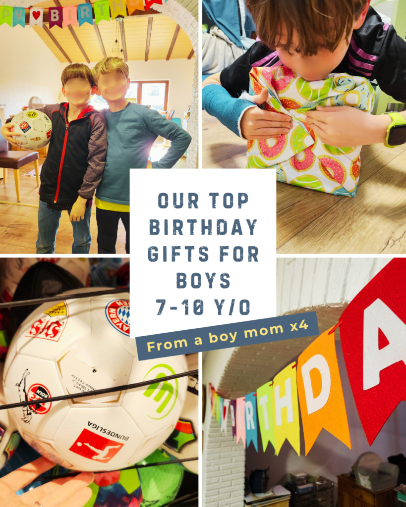 Gift for 10 year old boys. Our top birthday gifts for boys 7 - 10 years old from a boy mom x4. Gifts for boys 7 years old. Sport balls and two brothers holding a soccer ball. Another picture of a boy wrapping a present.