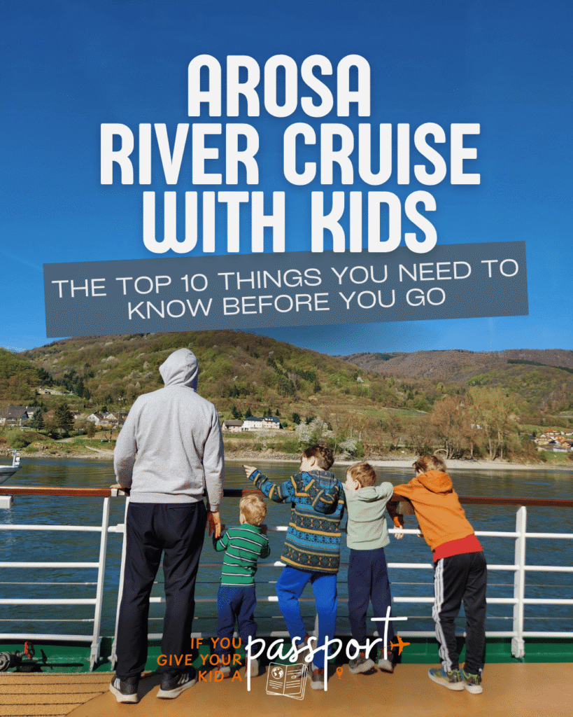 Arosa river cruise with kids. The top 10 things you need to know before you go. Image: Dad with four kids looking over the railing on the AROSA DONNA river cruise ship in Europe.