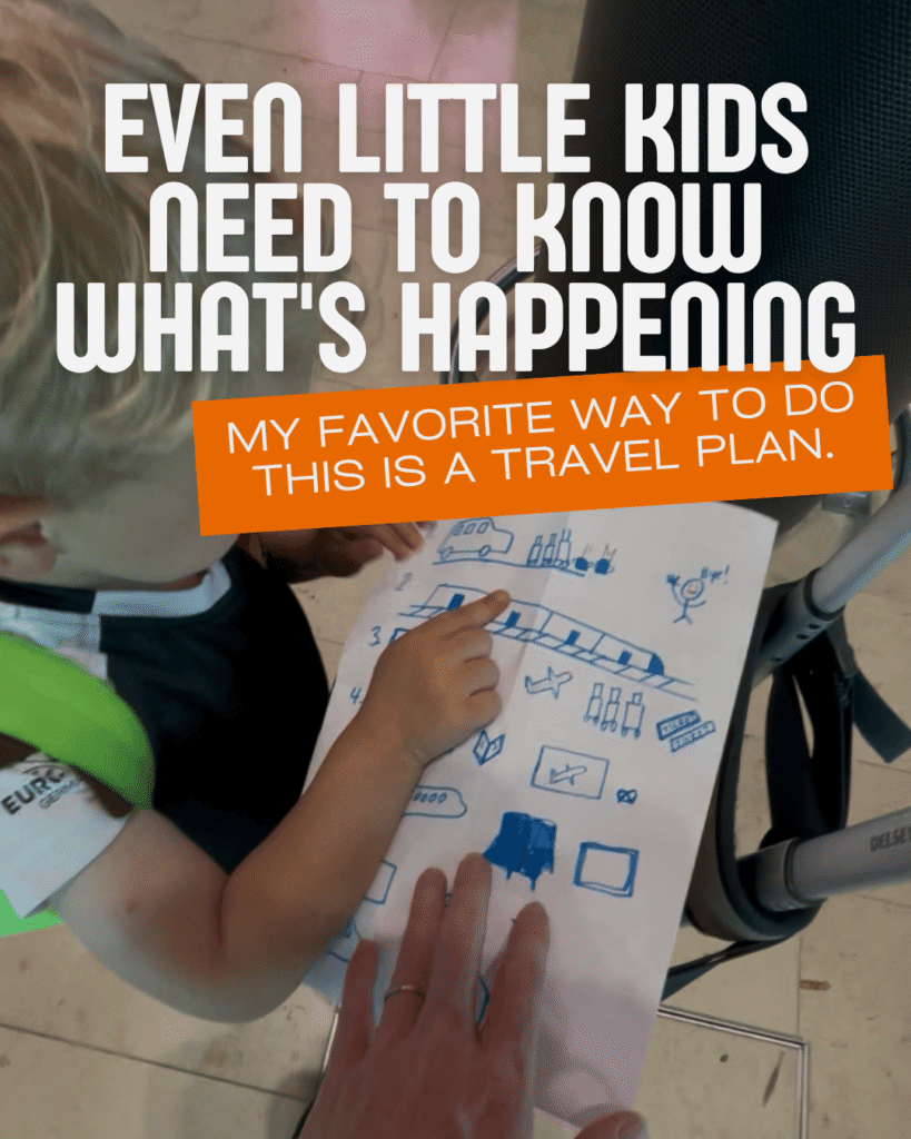 Toddler pointing to hand-drawn travel plan at airport, prepping kids before a flight with visual schedule