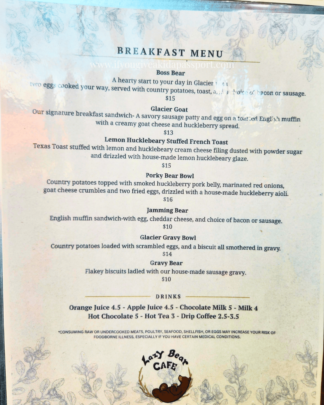 Lazy Bear breakfast menu, West Glacier KOA, July 2026