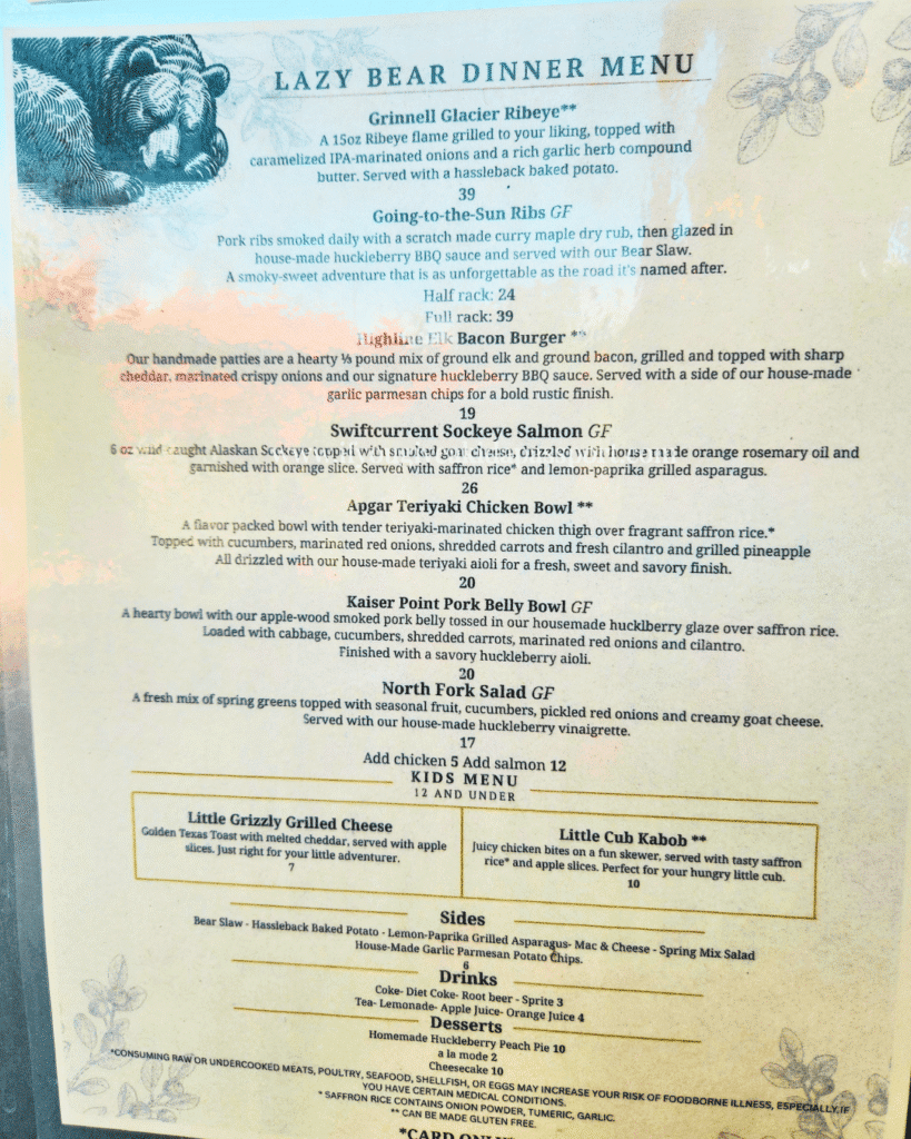 Lazy Bear dinner menu, West Glacier KOA, July 2026