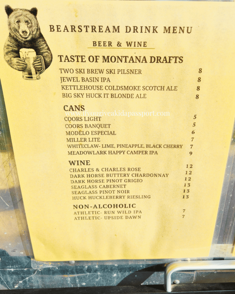 Bearstream drink menu at West Glacier KOA, July 2026
