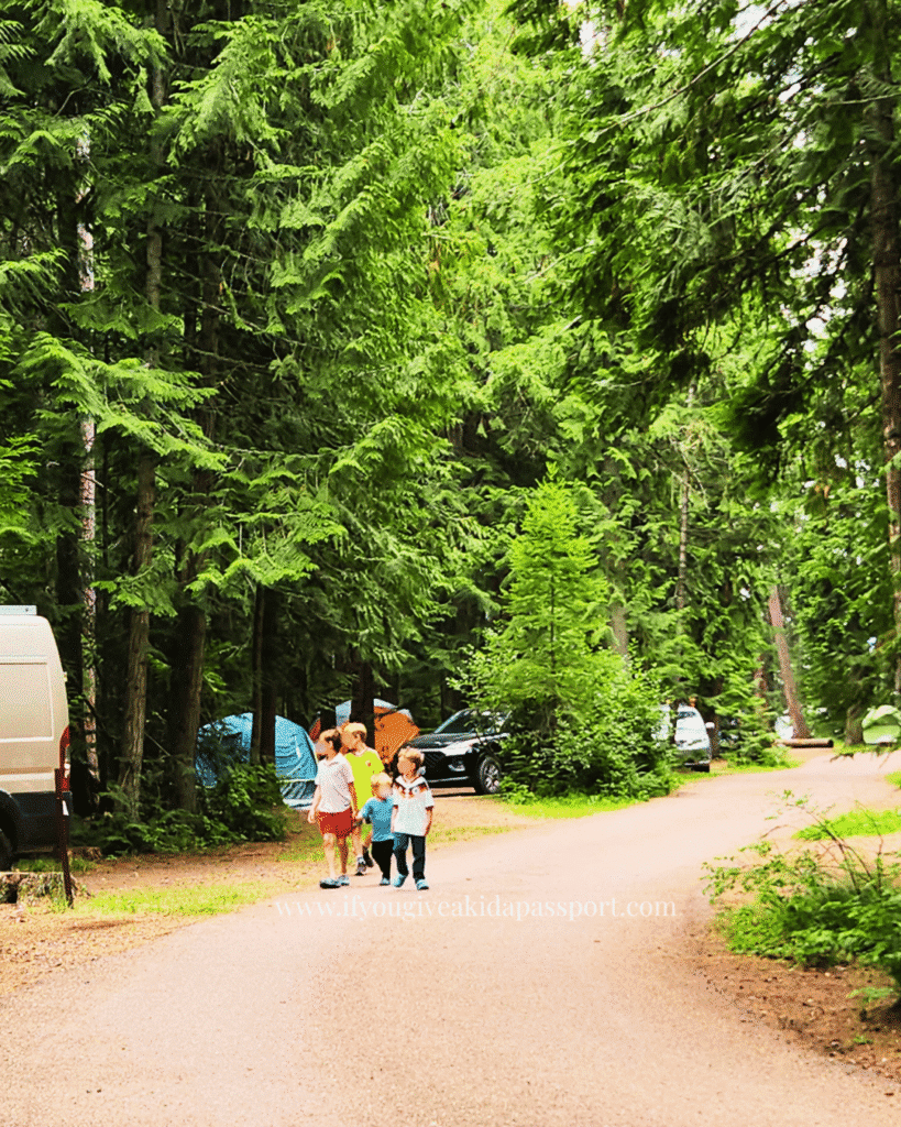 Fish Creek campground in Glacier National Park, four boys walking through the campsite to see all the campers and RVs.
