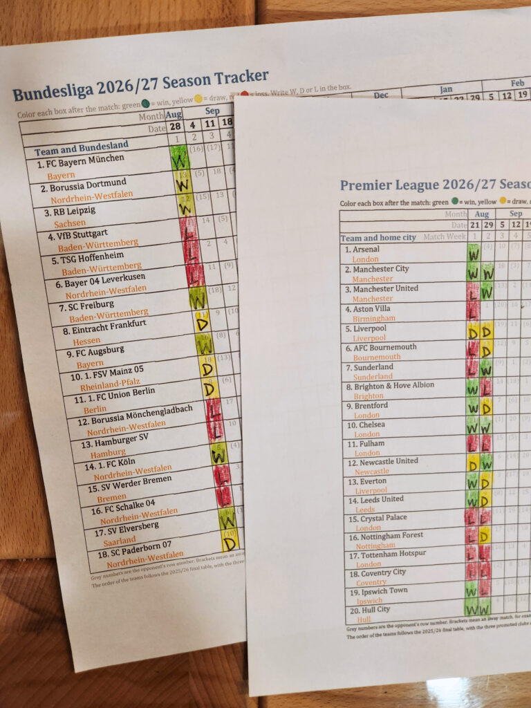 Printed Premier League and Bundesliga 2026/27 season tracker sheets laid out on a table